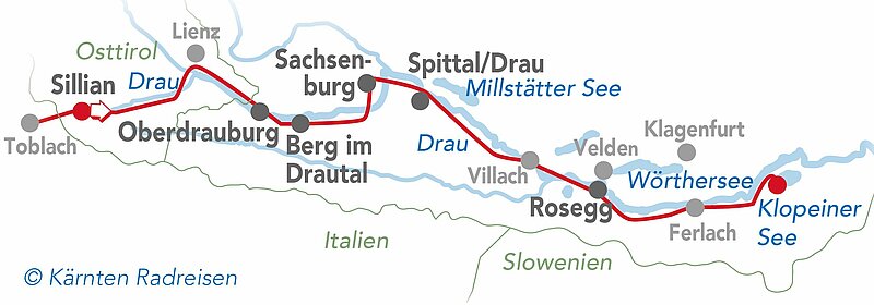 Radkarte klassische Drauradweg- Reise Kärnten Radreisen