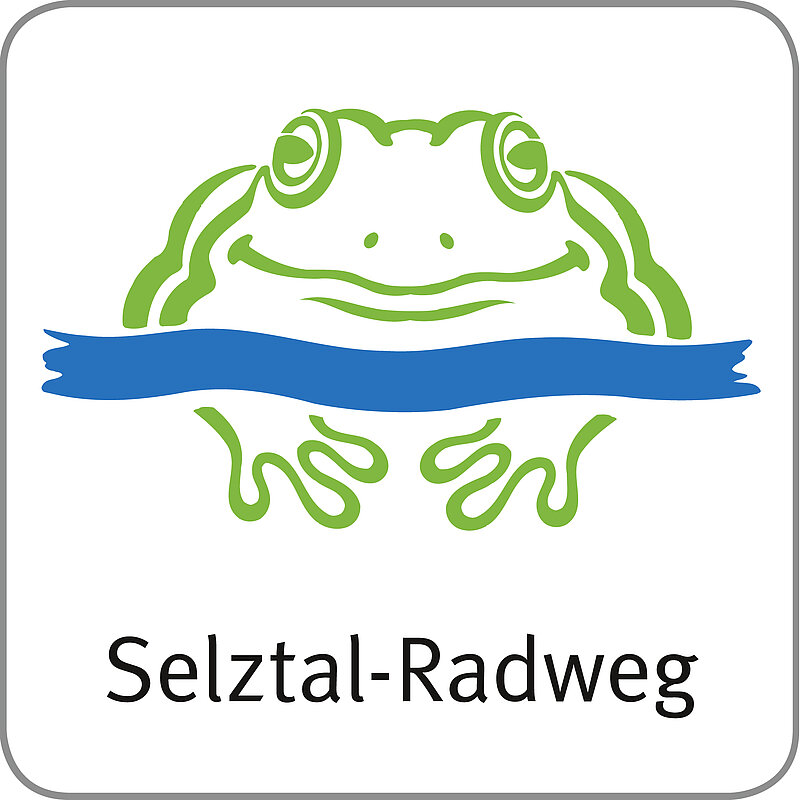 Wegmarkierung Selztal Radweg - Ein Frosch über der Wasserlinie