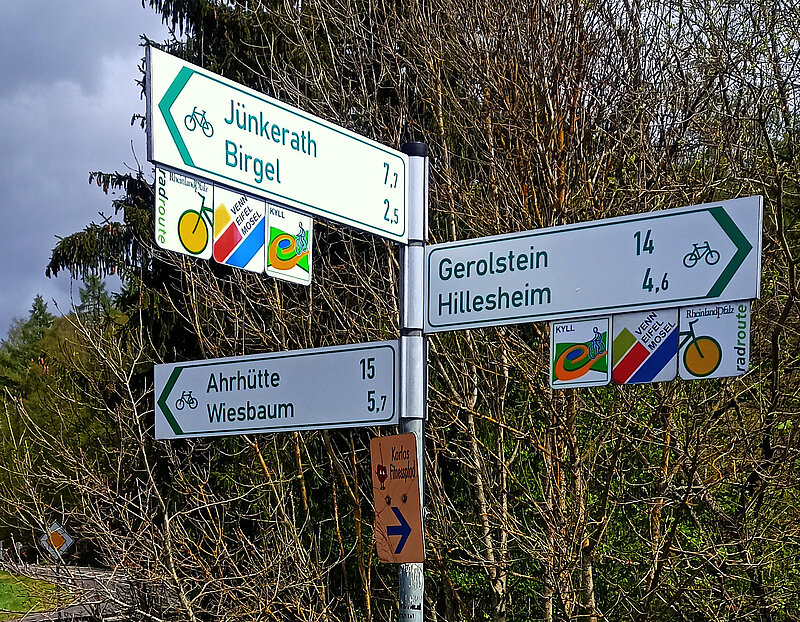 Wegweiser am Venn-Eifel-Mosel Radweg die Beschilderung der Radtour ist gut aus der Ferne zu erkennen.